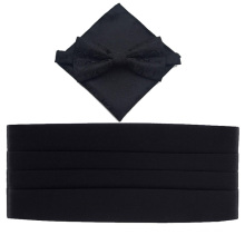 Solid Black Polyester Cummerbund Bow Tie and Hanky Set